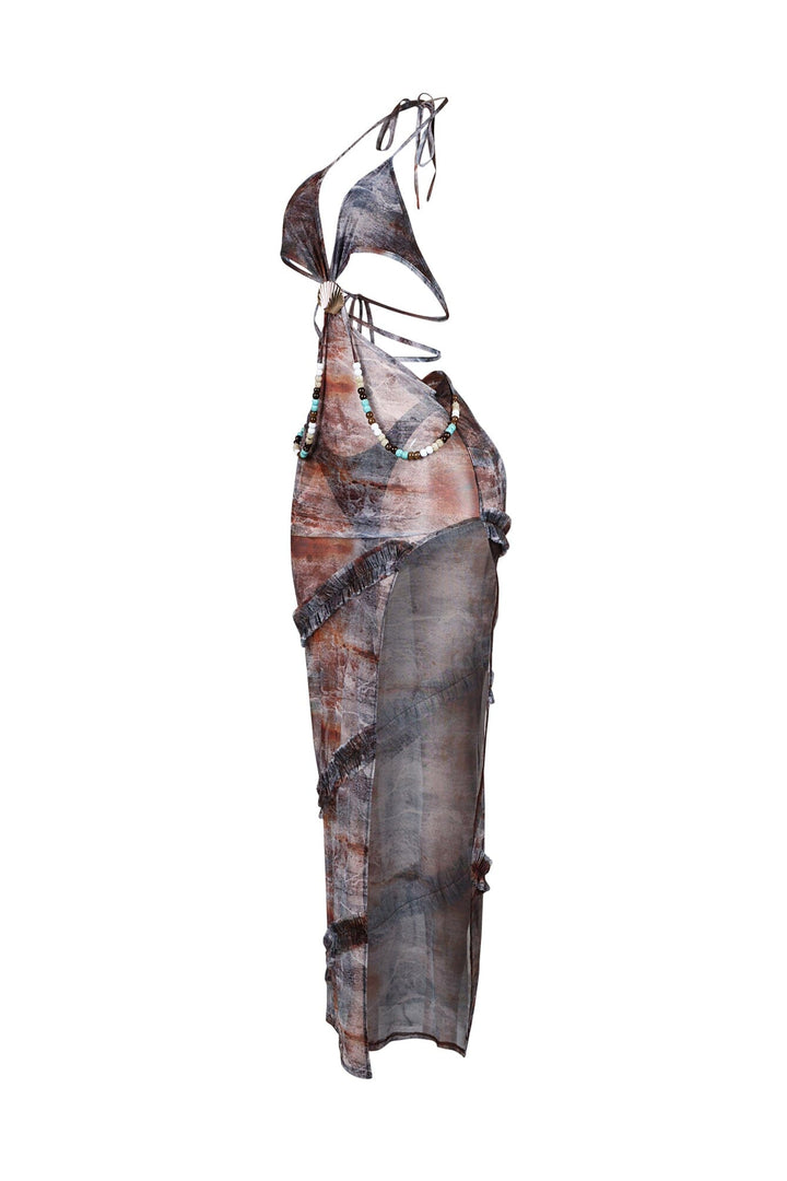 Beaded Seashell Mesh Halter Maxi Dress