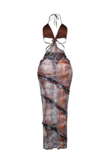 Beaded Seashell Mesh Halter Maxi Dress