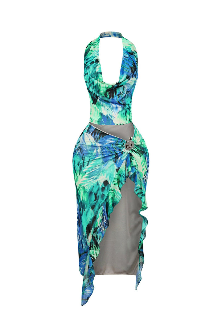 Panama Mesh Print Halter Top &amp; Skirt SET