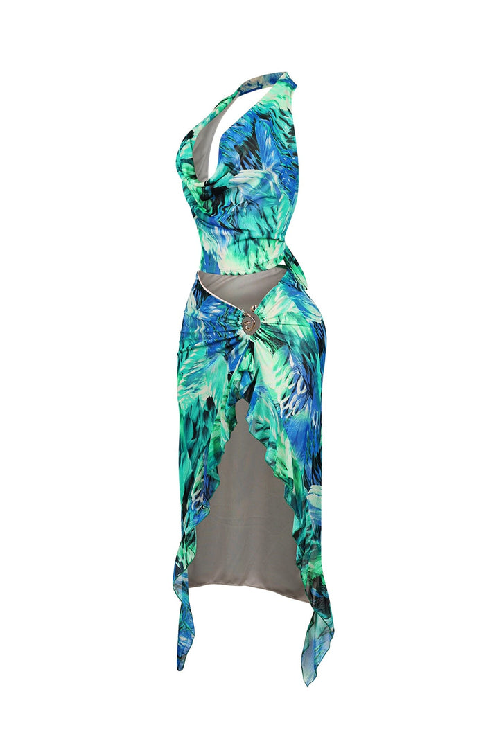 Panama Mesh Print Halter Top &amp; Skirt SET