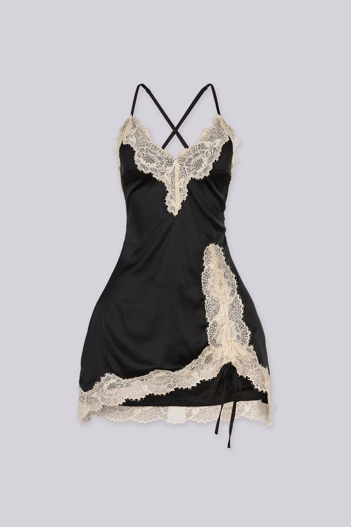 Sweetheart Lace Trim Satin Mini Dress