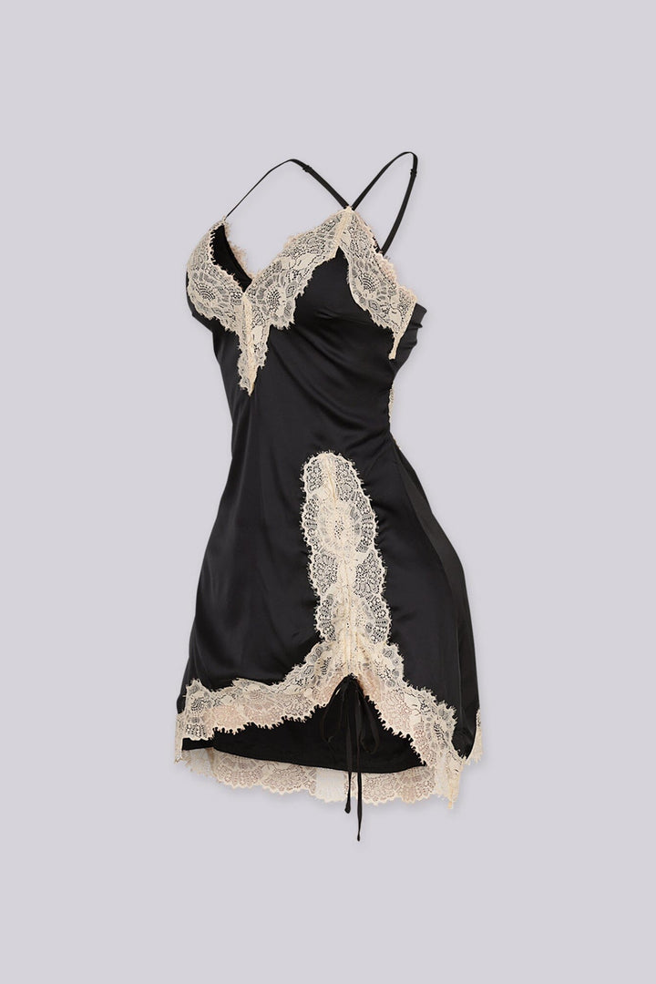 Sweetheart Lace Trim Satin Mini Dress