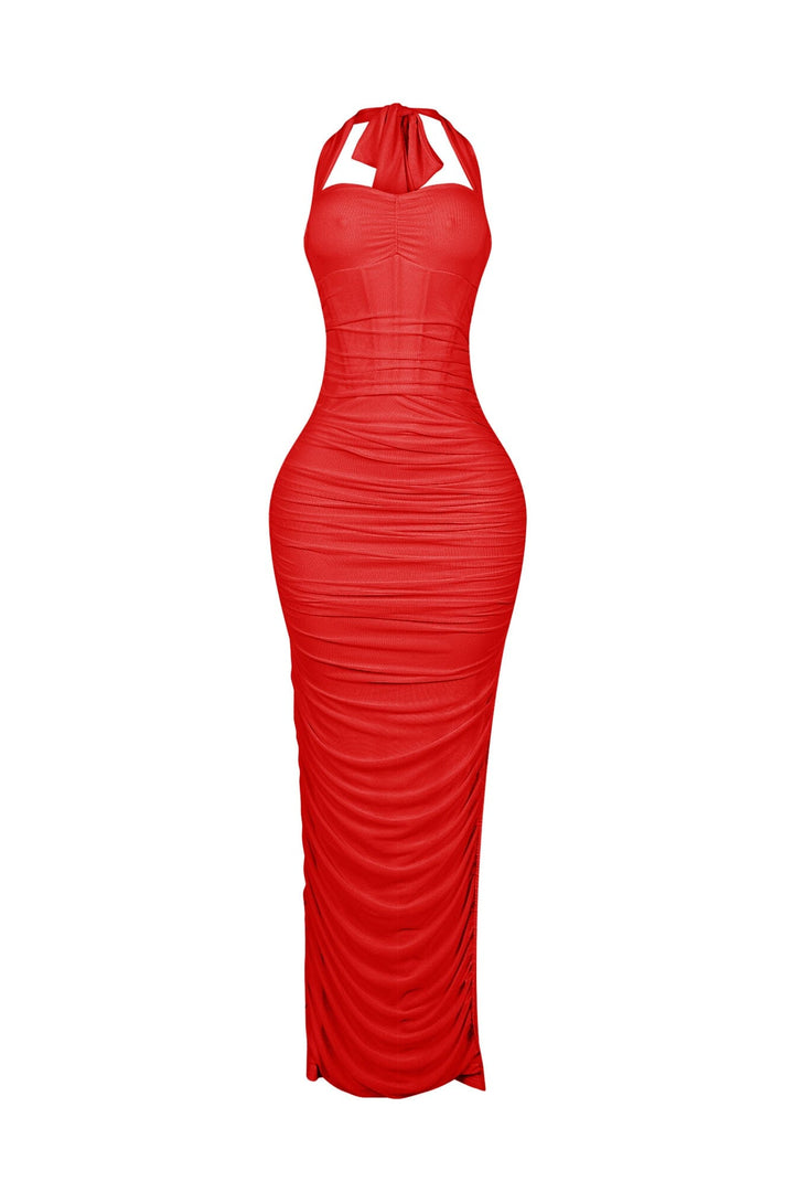 Bloomie Mesh Ruched Corset Halter Dress