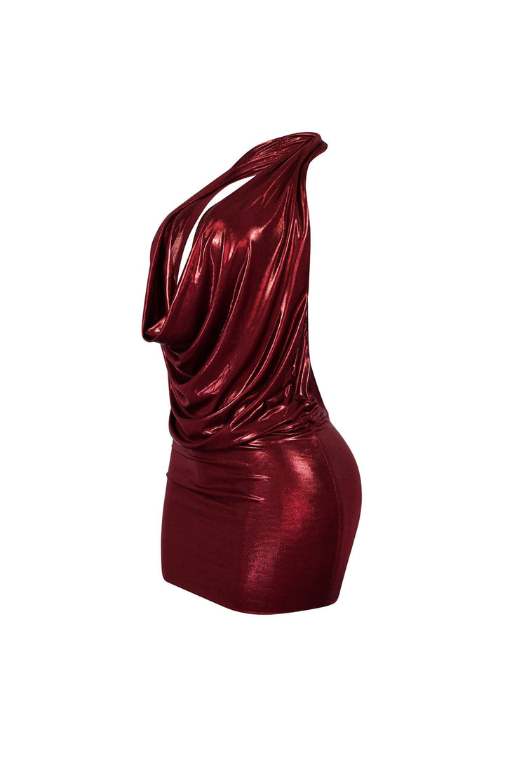 Talk Flirty Metallic Foil Halter Mini Dress