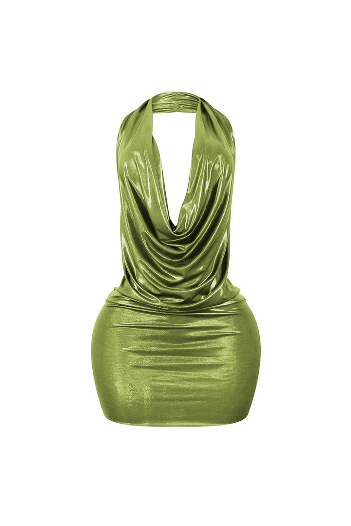 Talk Flirty Metallic Foil Halter Mini Dress