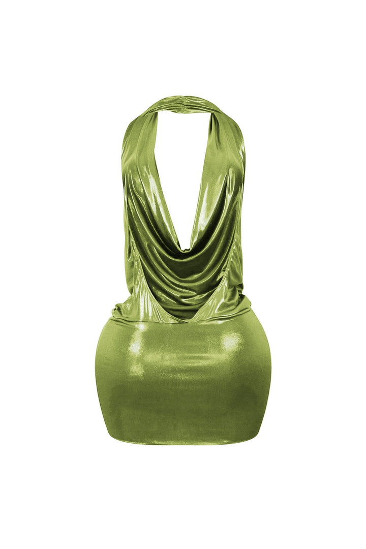Talk Flirty Metallic Foil Halter Mini Dress