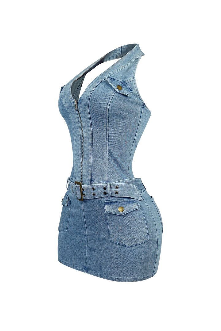 Alice Halter Denim Belt Mini Dress