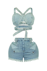 Stop Talking Denim Top &amp; Cut Out Shorts SET
