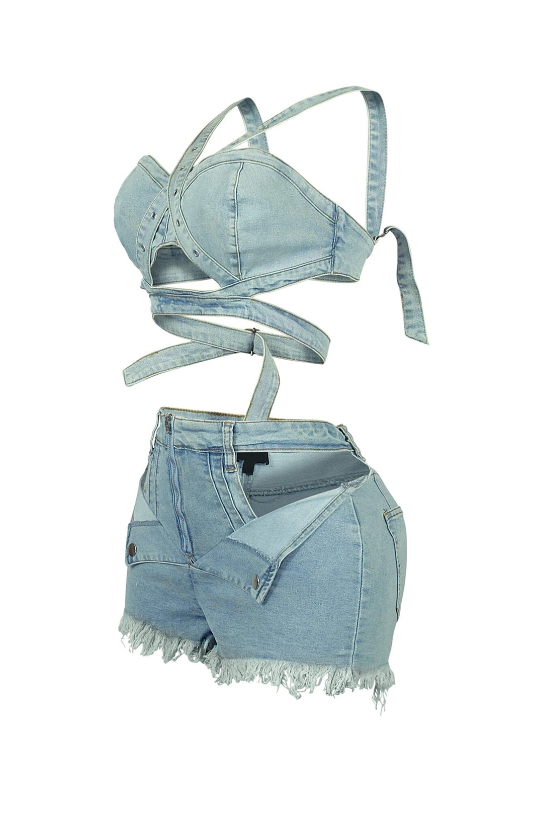 Stop Talking Denim Top &amp; Cut Out Shorts SET