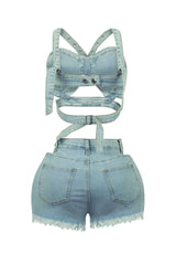 Stop Talking Denim Top &amp; Cut Out Shorts SET