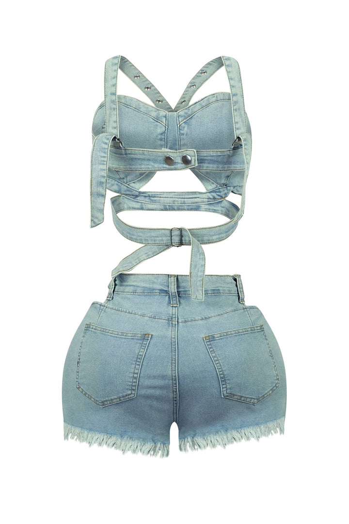 Stop Talking Denim Top &amp; Cut Out Shorts SET