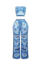 Billy Denim Print Effect Top &amp; Pants SET