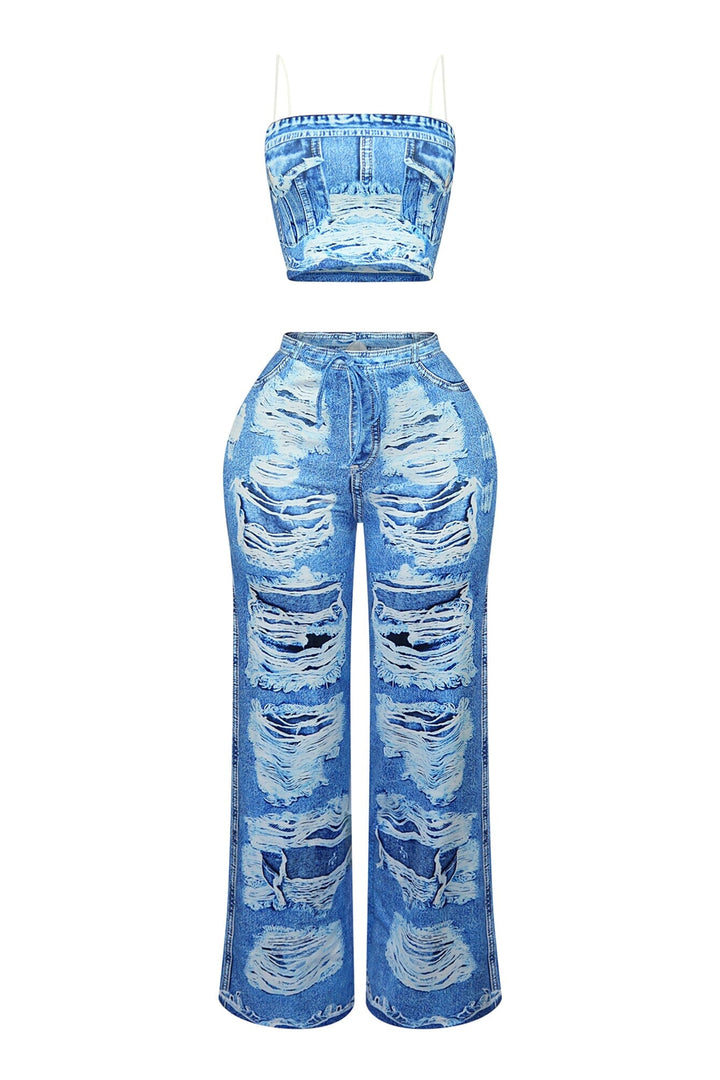 Billy Denim Print Effect Top &amp; Pants SET