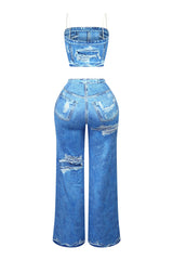 Billy Denim Print Effect Top &amp; Pants SET