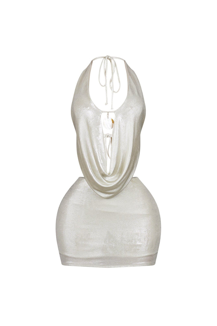 Marfil Seashell Metallic Halter Mini Dress