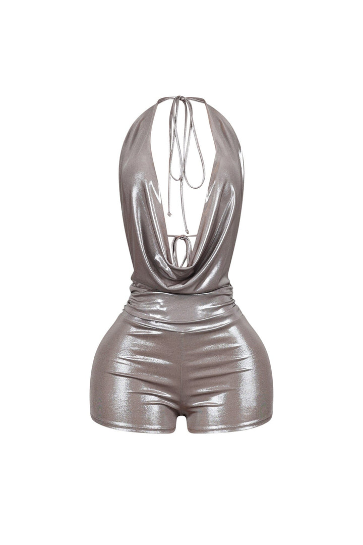 Backtie Foil Halter Slip Romper