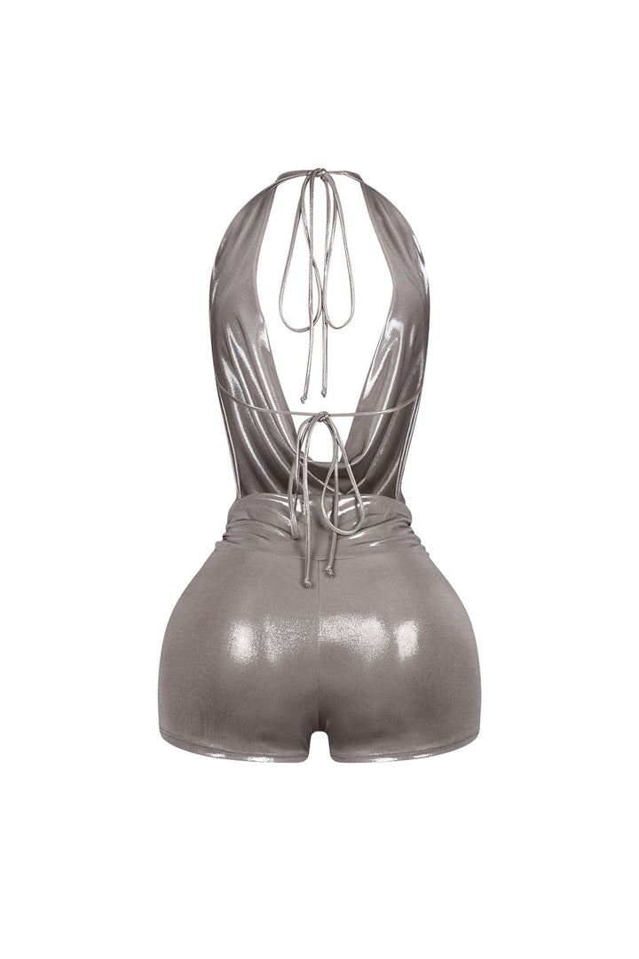 Backtie Foil Halter Slip Romper