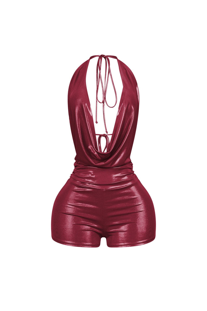 Backtie Foil Halter Slip Romper