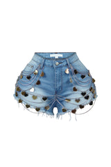 Stormi Heart &amp; Chain Draped Denim Shorts