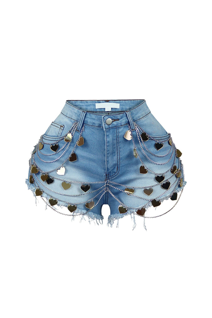 Stormi Heart &amp; Chain Draped Denim Shorts