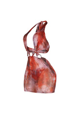 Cross neck halter mini dress featuring center keyhole detail with circular O ring at the midriff
