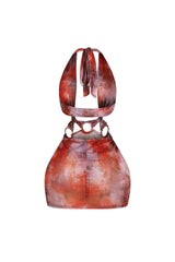 Cross neck halter mini dress featuring center keyhole detail with circular O ring at the midriff