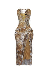 Savage Leopard Mesh Ruffle Long Dress