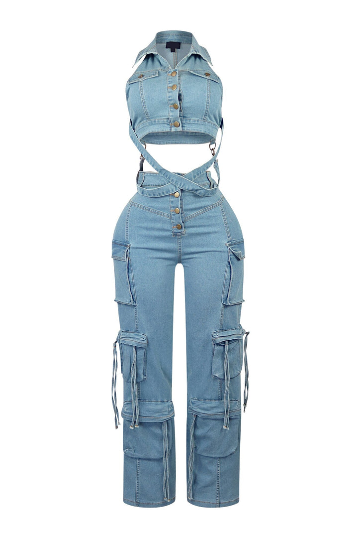 Get Goin Denim Cross Straps Vest &amp; Pants SET