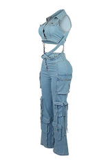 Get Goin Denim Cross Straps Vest &amp; Pants SET