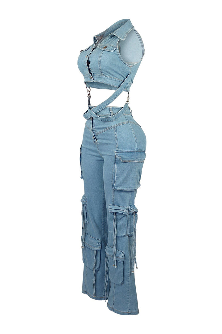 Get Goin Denim Cross Straps Vest &amp; Pants SET