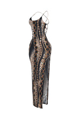 Baroque Blaze Printed Backless Maxi Dress
