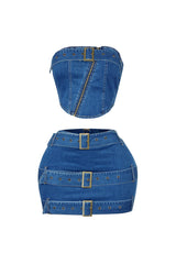 Jade Denim Belted Tube Top &amp; Skirt SET