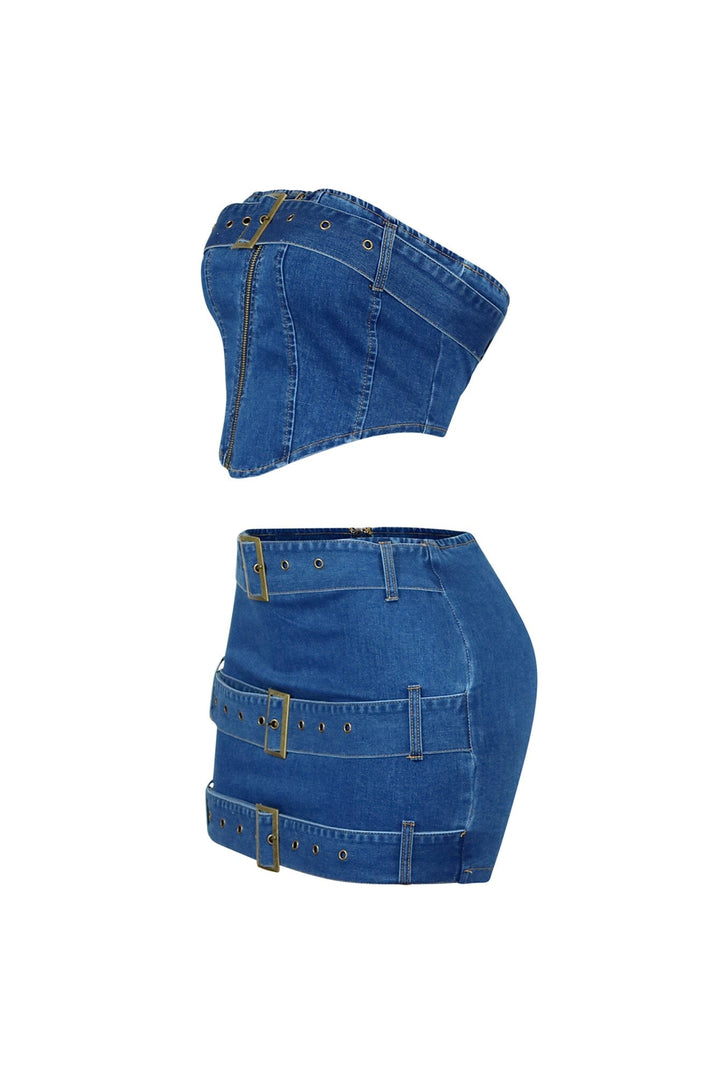 Jade Denim Belted Tube Top &amp; Skirt SET