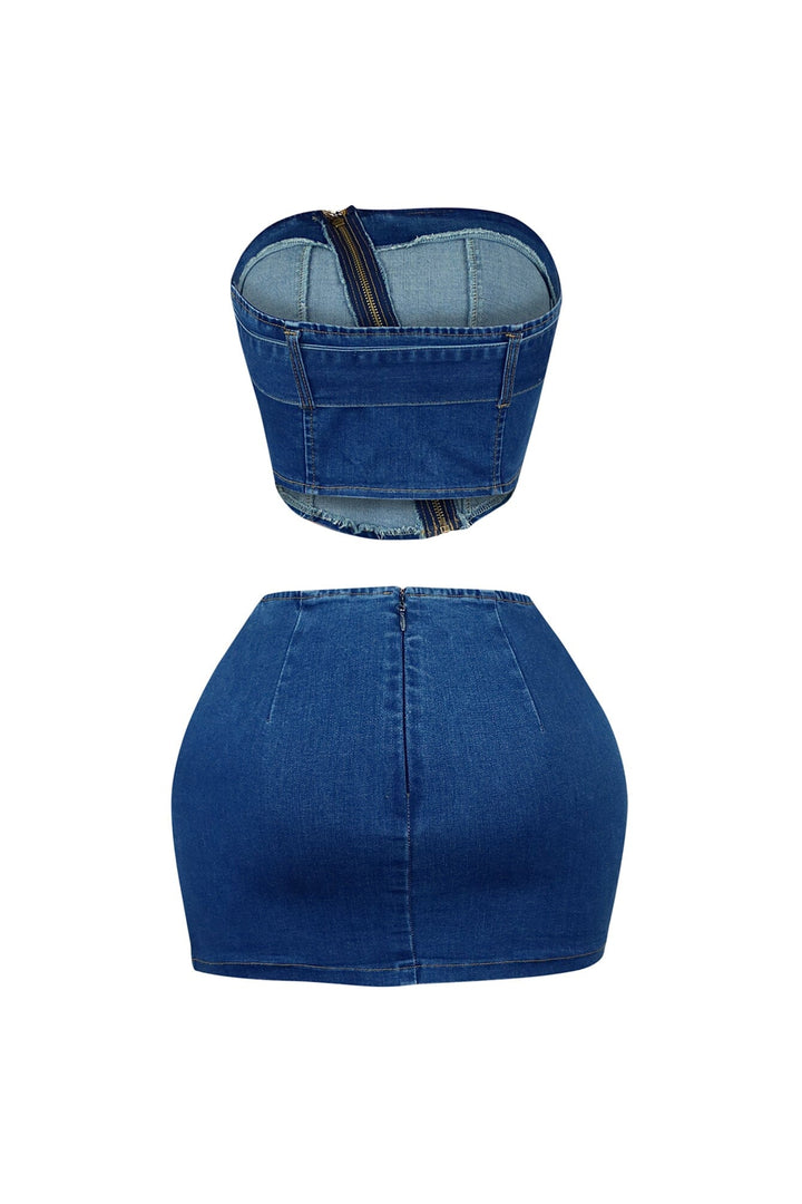 Jade Denim Belted Tube Top &amp; Skirt SET