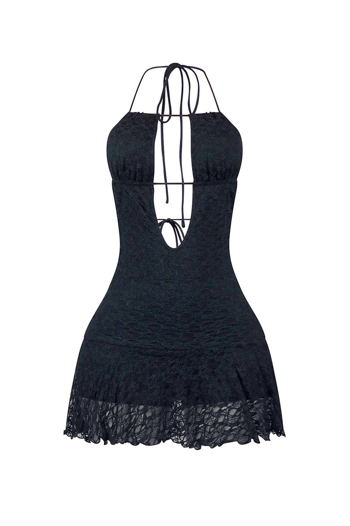 Midnight Serenade Halter Lace Cut Out Mini Dress