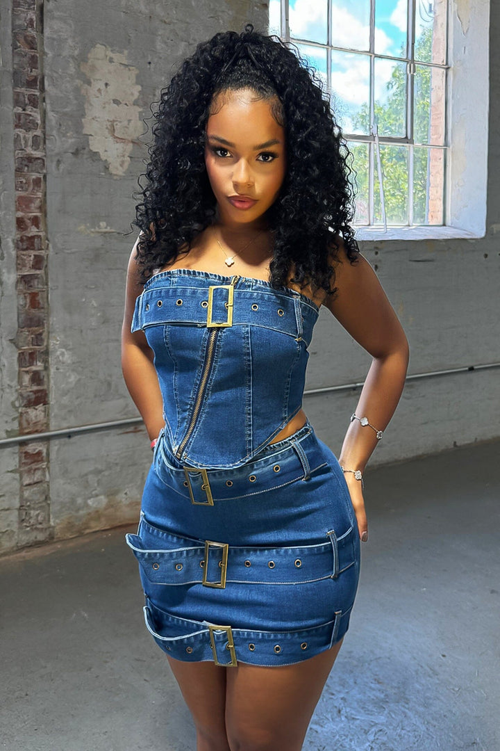 Jade Denim Belted Tube Top &amp; Skirt SET