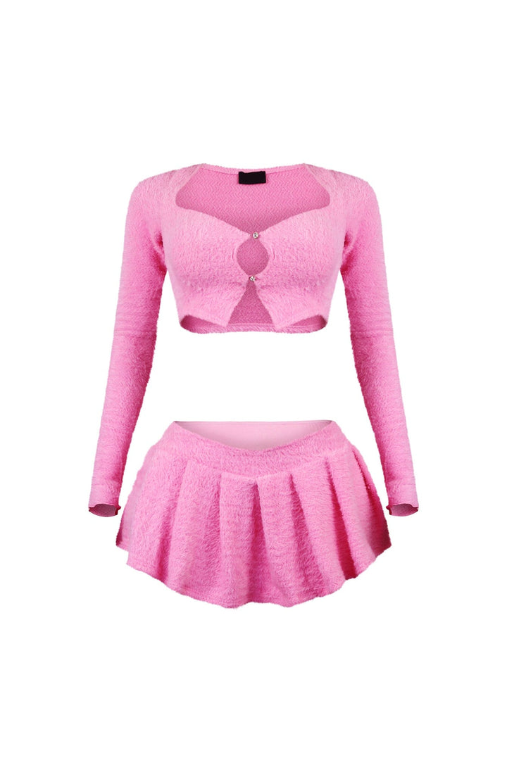 As Time Goes Fuzzy Cardigan Top &amp; Skirt SET