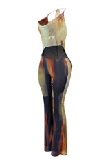 Good 4 U Print Mesh Cowl Neck Jumpsuit