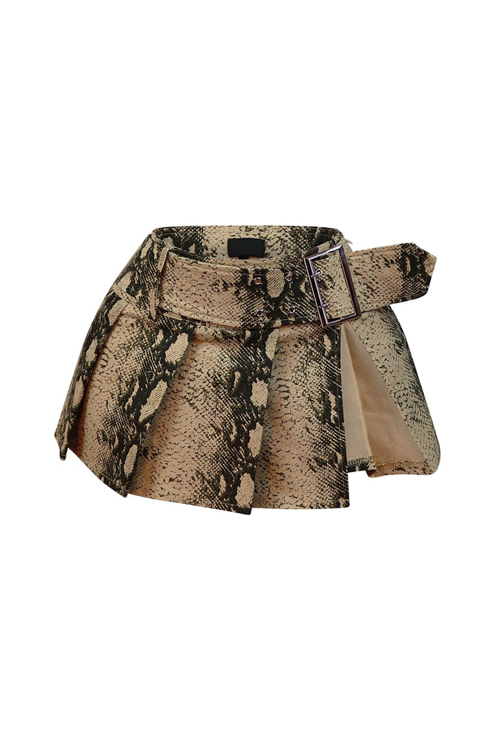 Step Back Printed Belted Pleated Mini Skirt