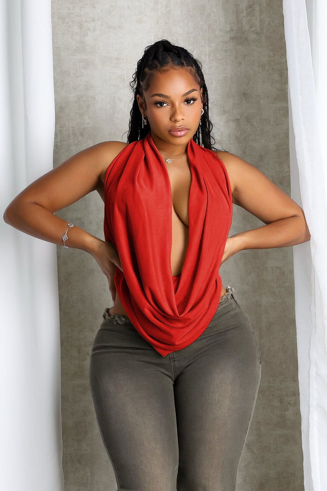 Cascading Mesh Cowl Neck Tie Top