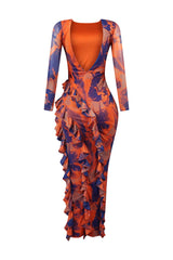 Crazy For U Print Mesh Ruffled V Back Maxi Dress