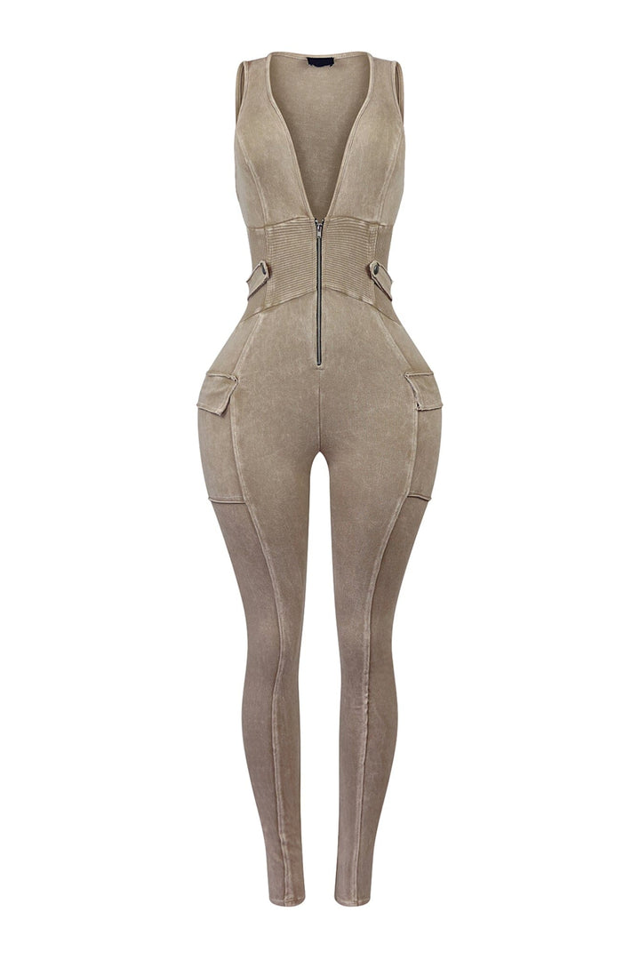 Nicole Mineral Washed Zip Up Sleeveless Jumpsuit