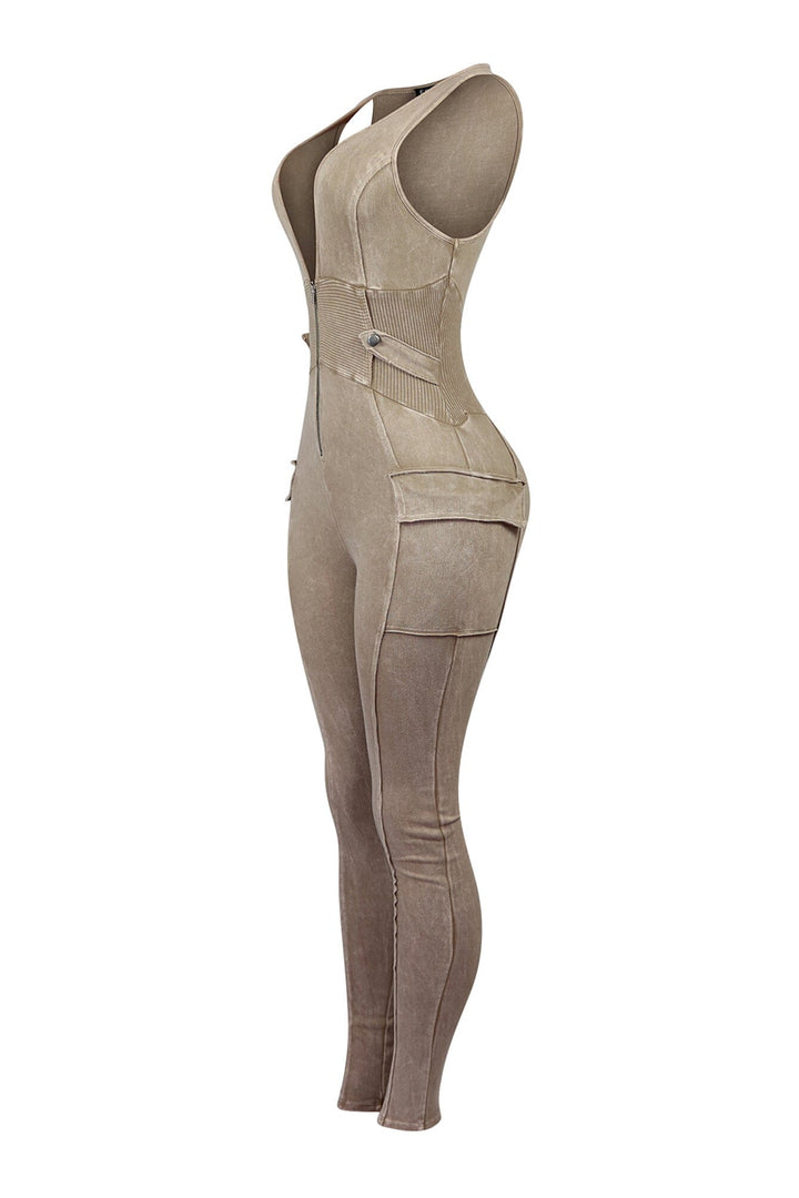 Nicole Mineral Washed Zip Up Sleeveless Jumpsuit