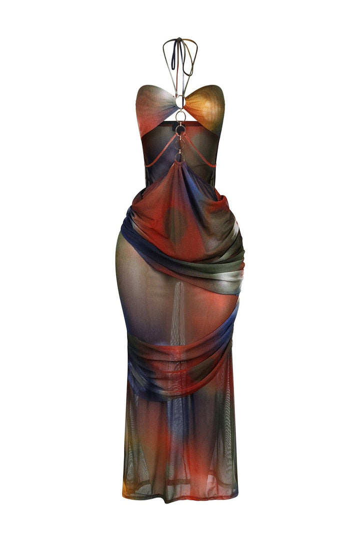 Rust Afterdark Mesh Print Halter Maxi Dress