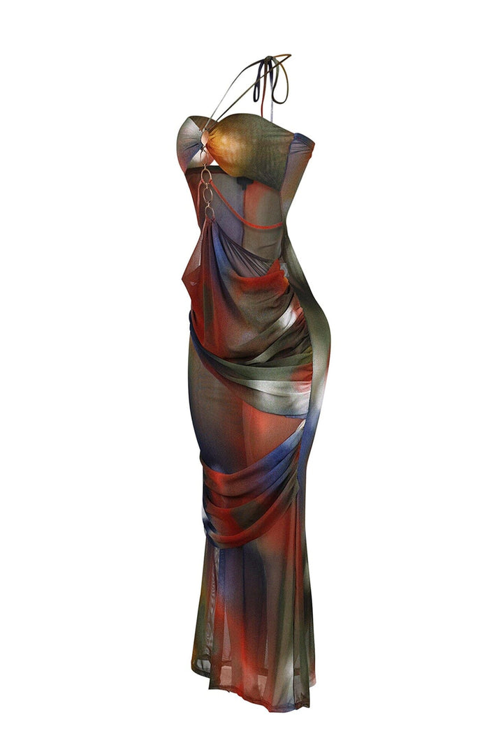 Rust Afterdark Mesh Print Halter Maxi Dress