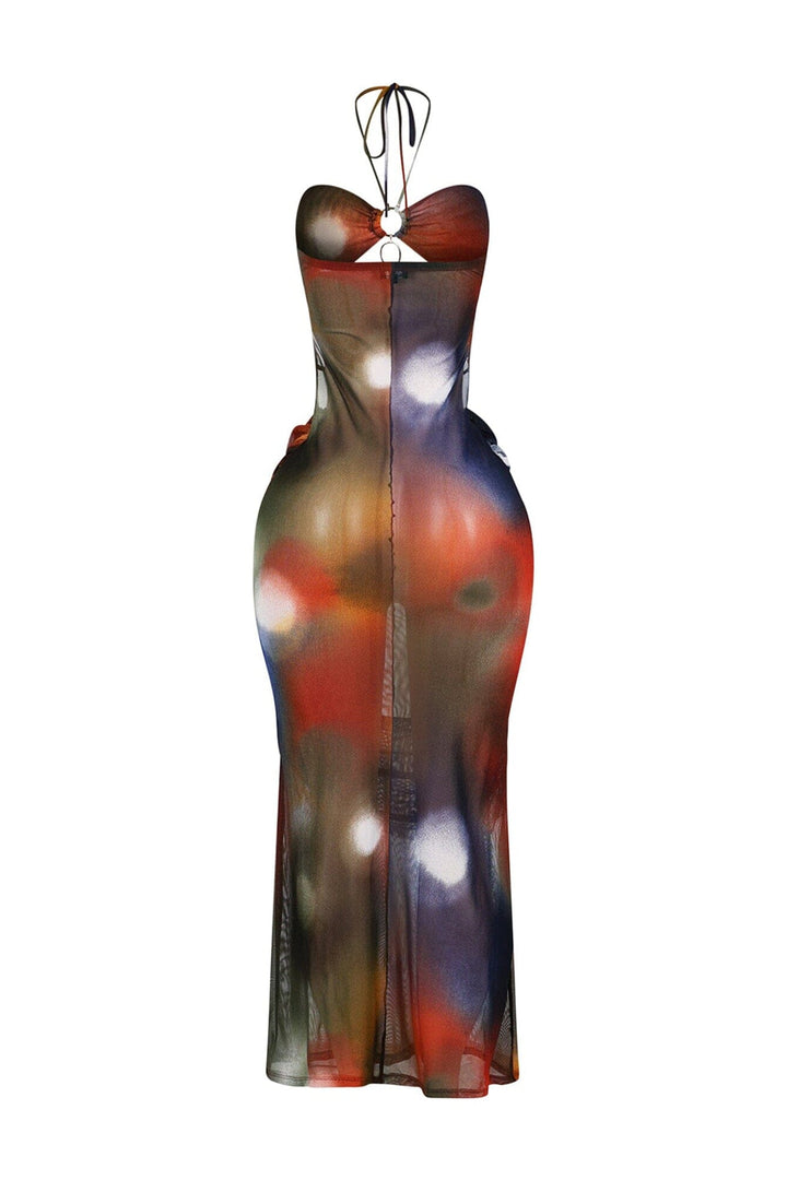 Rust Afterdark Mesh Print Halter Maxi Dress
