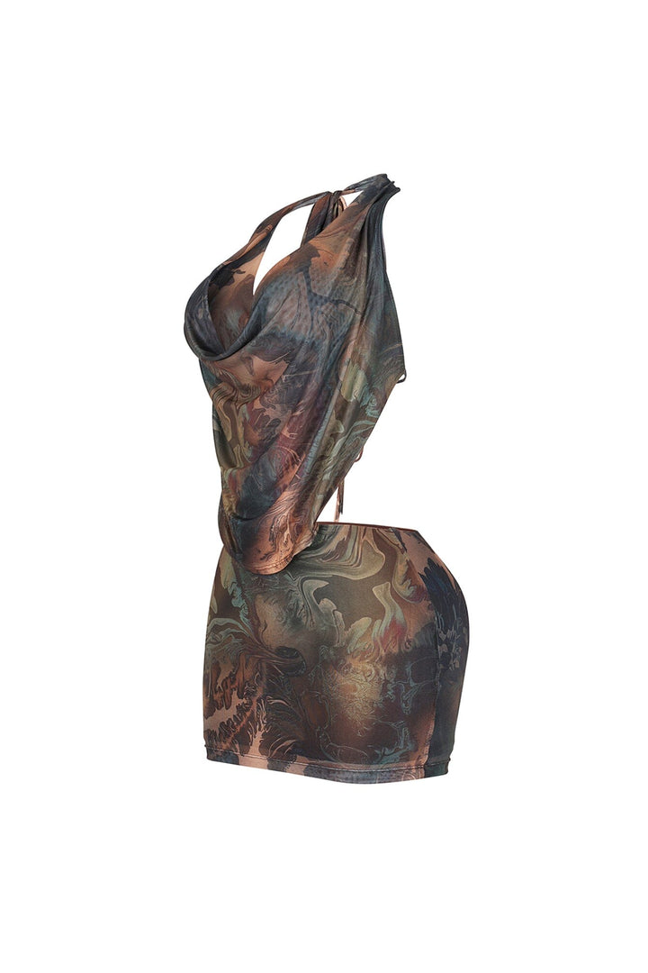 Ochre Melt Mesh Print Halter Dress