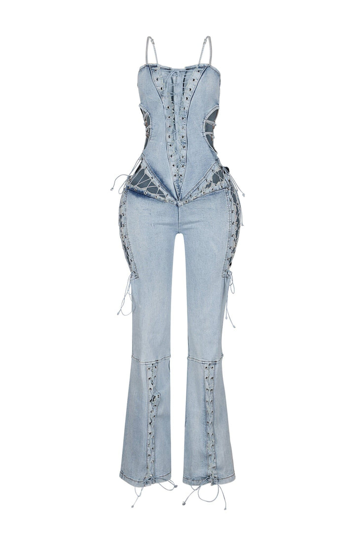 Rebel Fit Lace Up Denim Jumpsuit