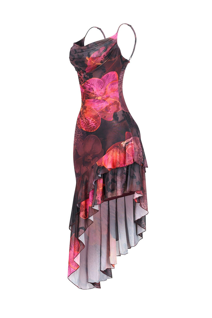 Ibiza Mesh Print Ruffle Midi Dress