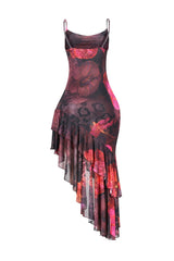 Ibiza Mesh Print Ruffle Midi Dress